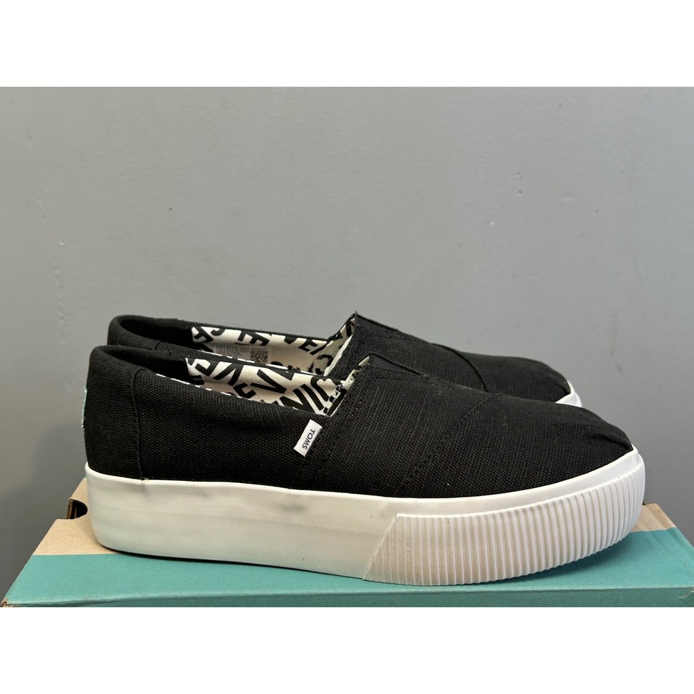 TOMS Shoes Women 8.5 Black Alpargata Platform Slip On Canvas Sneakers Summer